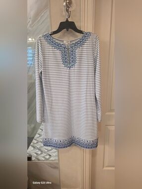 Cabana Life White Swim Coverup  with Navy and Aqua Embroidery Detail Large